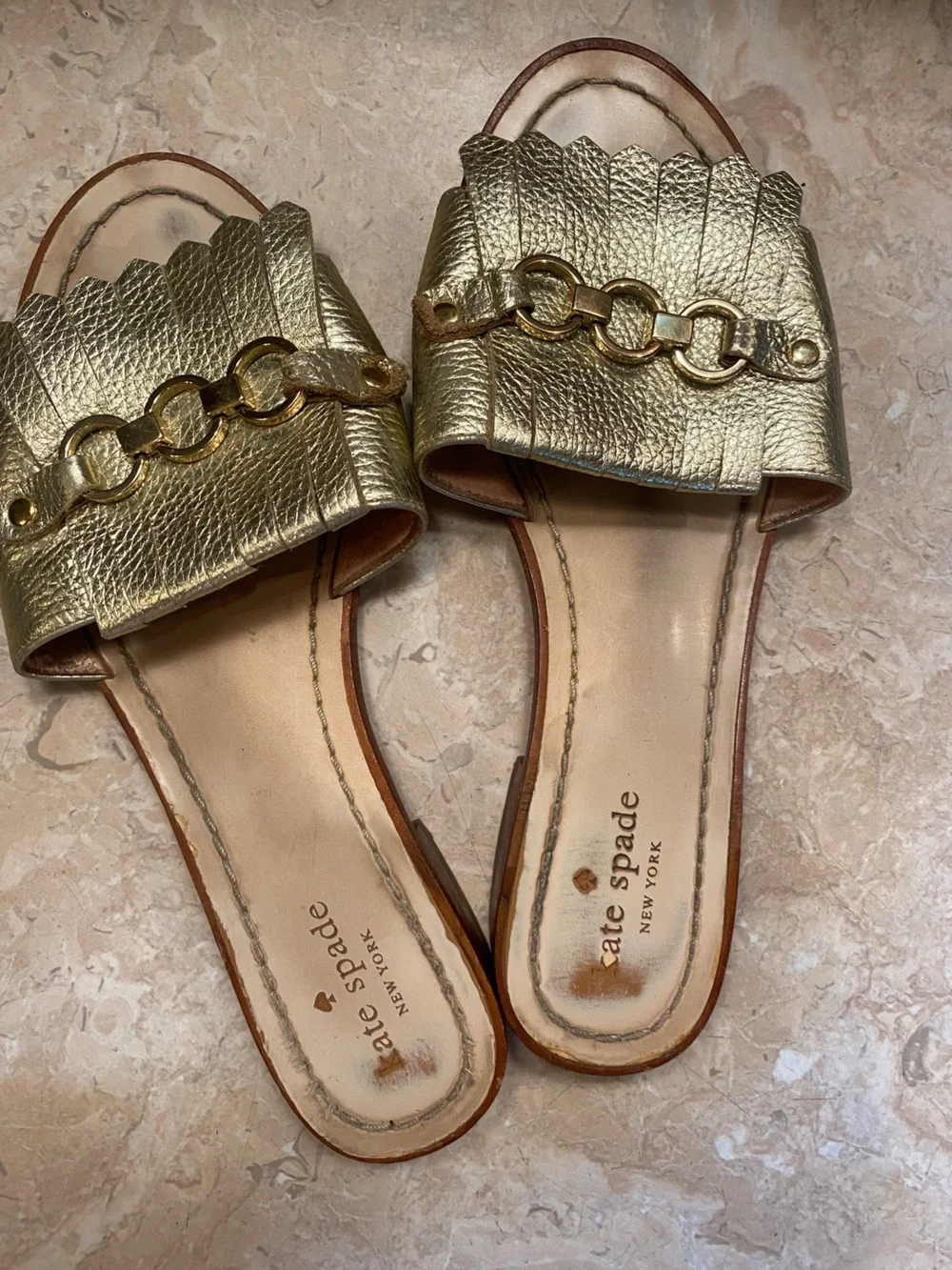kate spade Gold Metallic Fringe Slide Mules